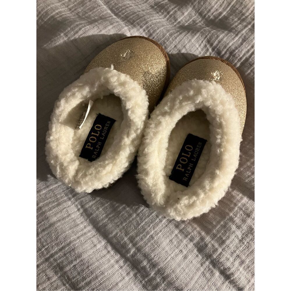 POLO Ralph Lauren Gold & Cream Sherpa Slip on Slippers Size Toddler 7